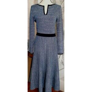 The Fold Women's Fit and Flare Dress Long Sleeve Navy Blue Knit Chevron Metallic